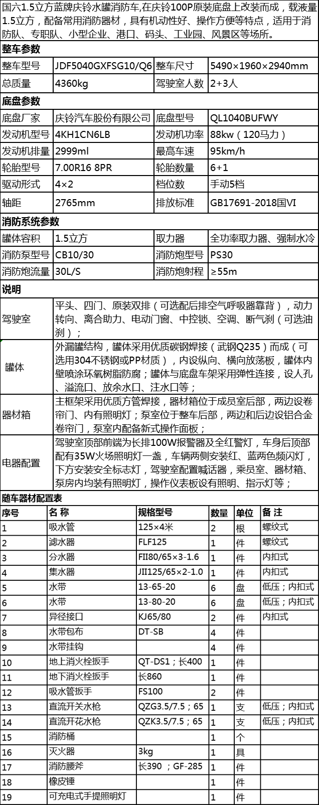 國(guó)六慶鈴100P藍(lán)牌水罐消防車
